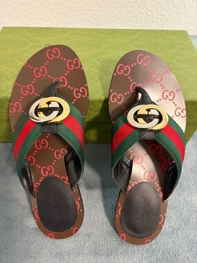 Gucci Brown Red Green GG Logo Web Thong Sandals